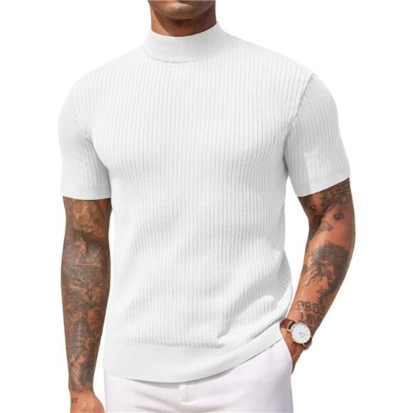 Men's Mock Turtleneck Sweater Short Sleeve White - Picture 1 of 5